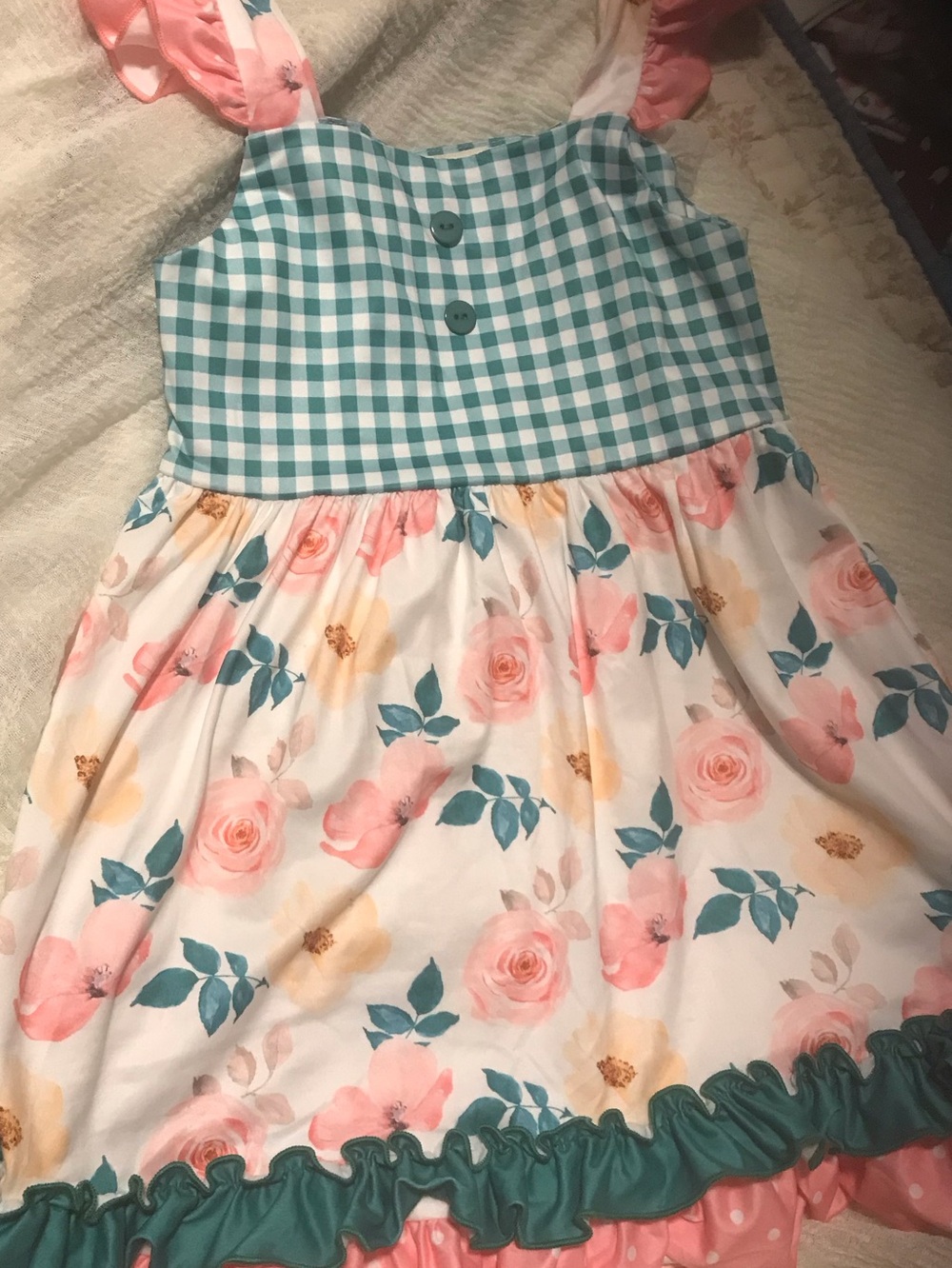 Girls Teal Gingham & Pink Rose Ruffle Dress